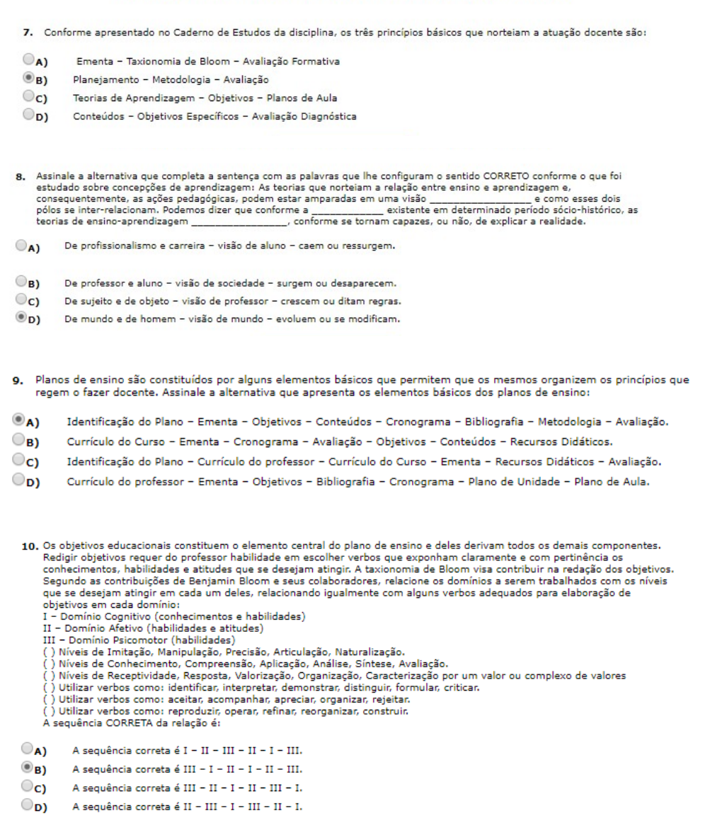 PROVA UNIASSELVI Organização do Trabalho Pedagógico