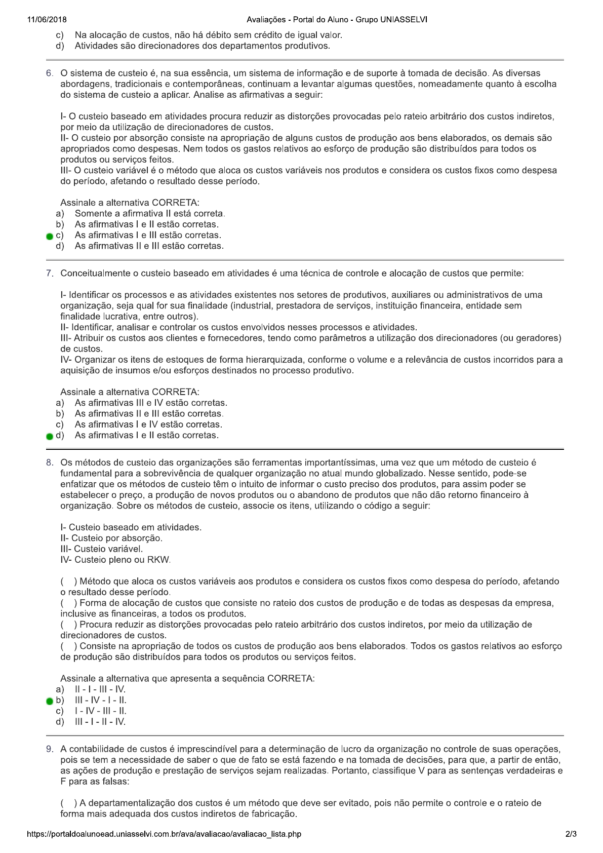 2 avaliação analise custo Gestão e Análise de Custos