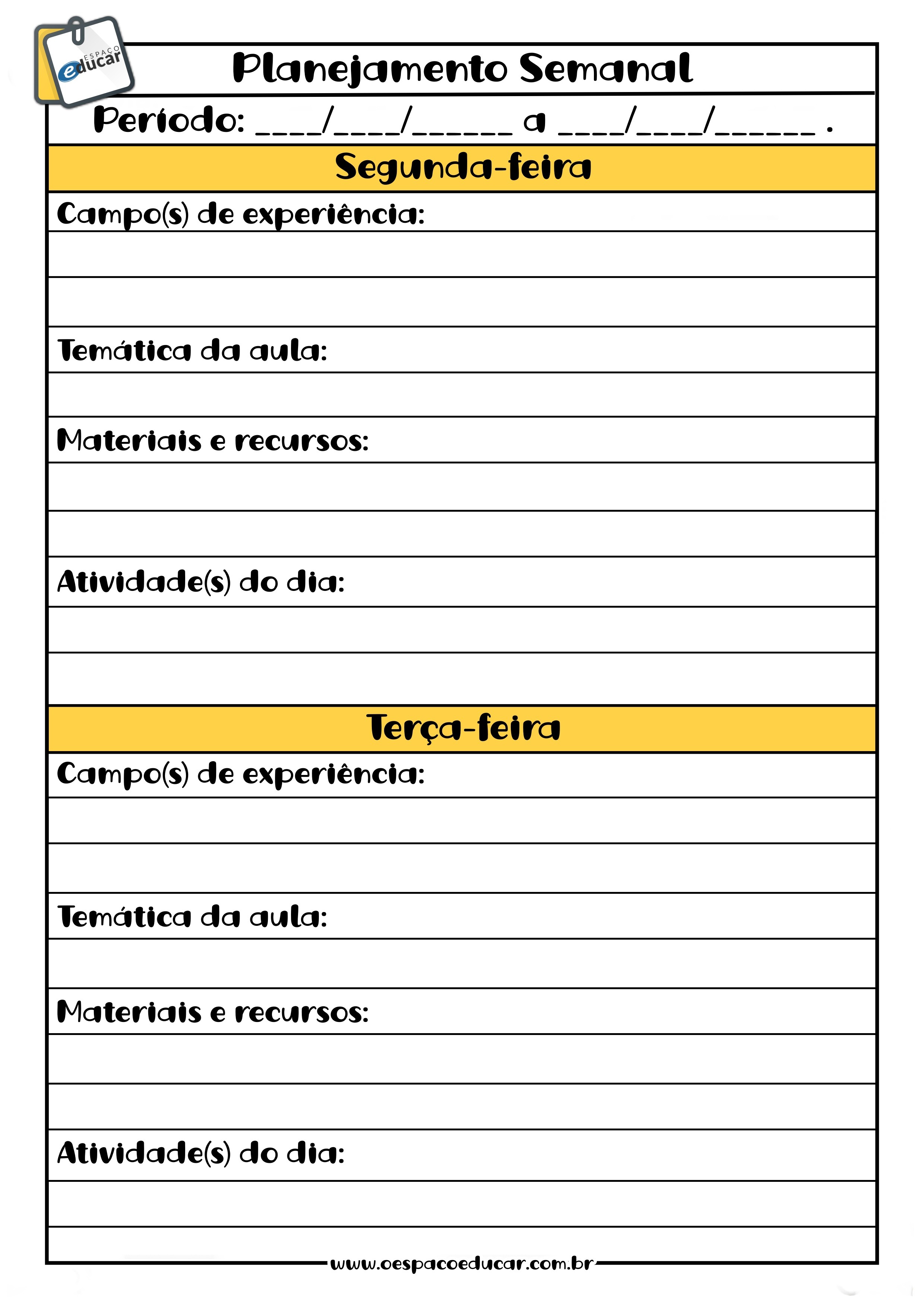 Planejamento Semanal De Aulas Pedagogia