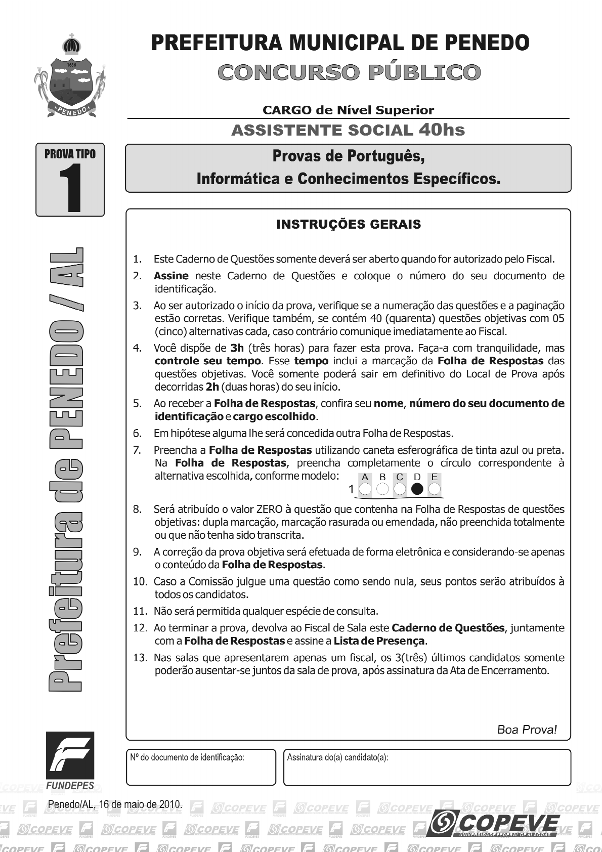 Copeve Ufal 2010 Prefeitura De Penedo Al Assistente Social 40h Prova 1