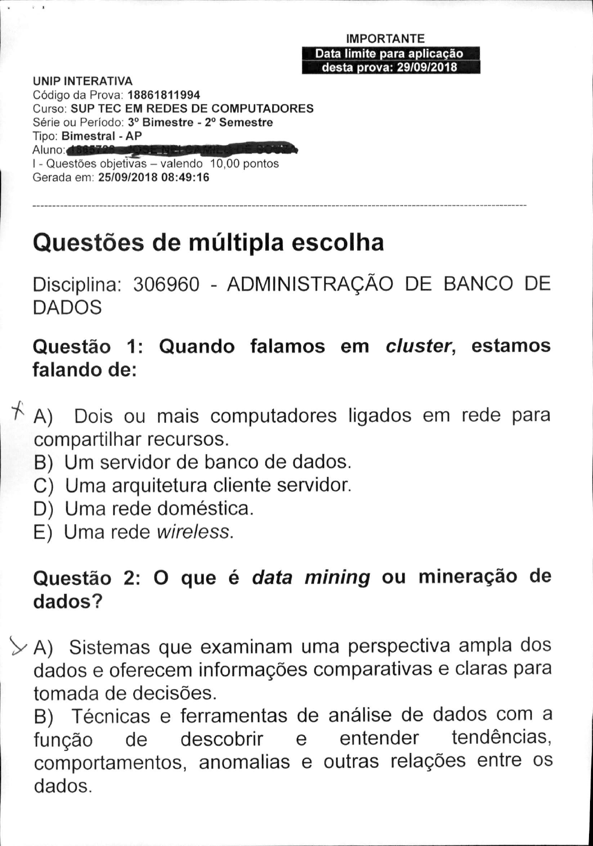 Prova Unip Administra O De Banco De Dados Semestre