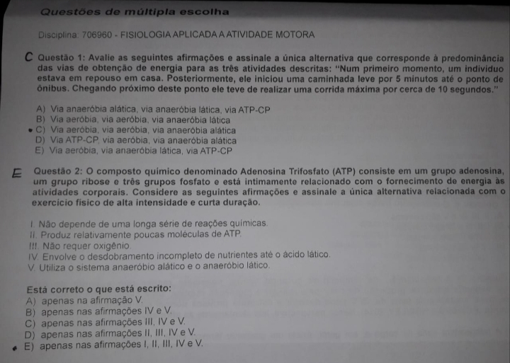 Prova Avalia O Corrigida Gabaritada De Fisiologia Aplicada