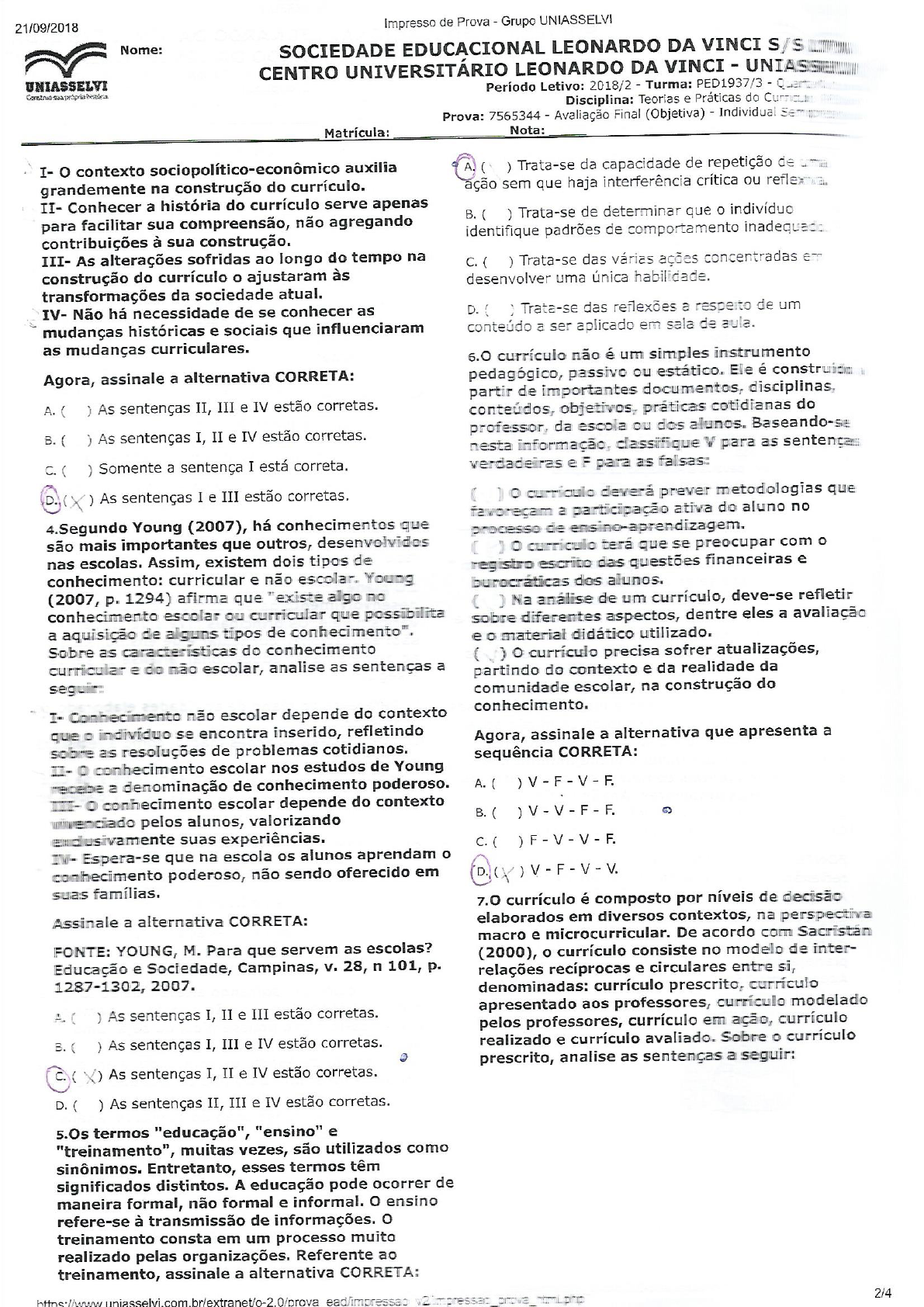 Gabarito Da Prova Teorias E Práticas Do Currículo