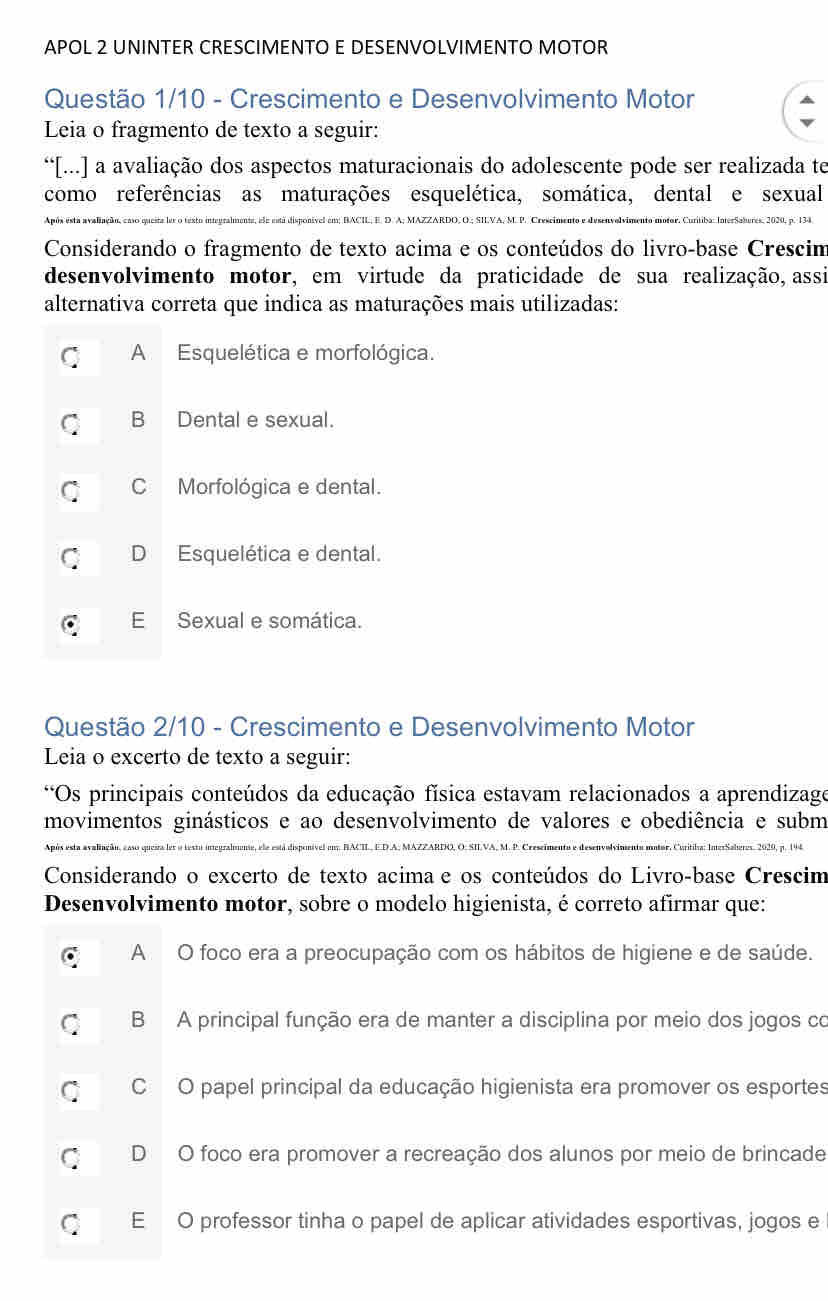 Apol crescimento e desenvolvimento motor Educação Física