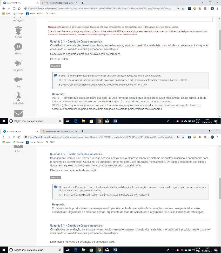 Prova Discursiva Gestão de Custos Industriais Gestão de Custos