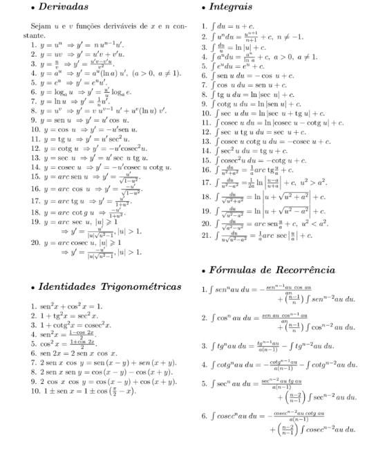 Tabela De Integrais E Derivadas F Sica