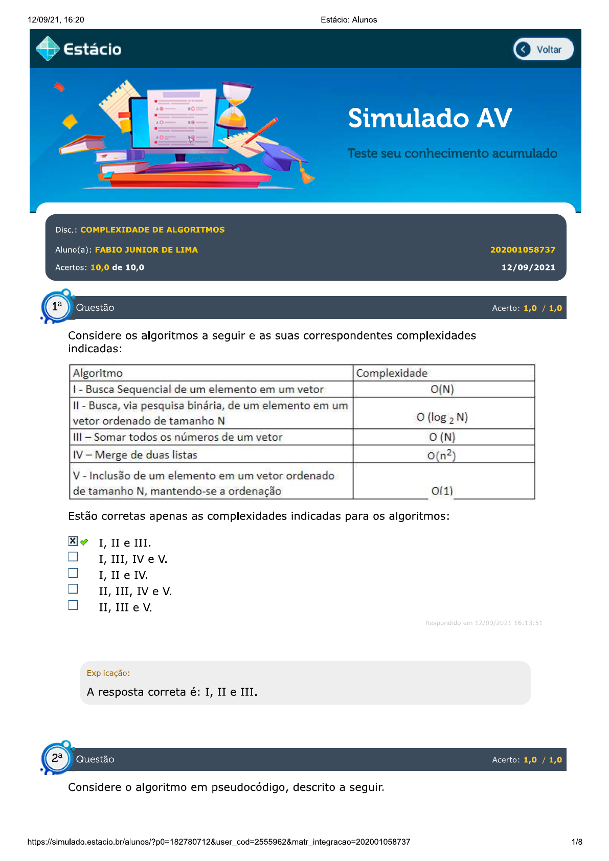 Simulado Av Complexidade De Algoritmos Complexidade De Algoritmos