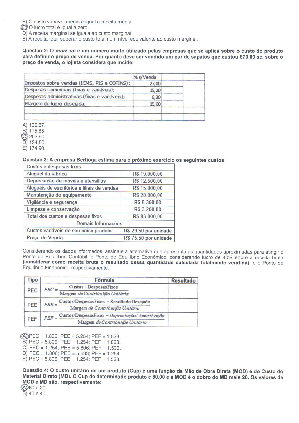 Prova corrigida Custos e Preços Custos e Preços