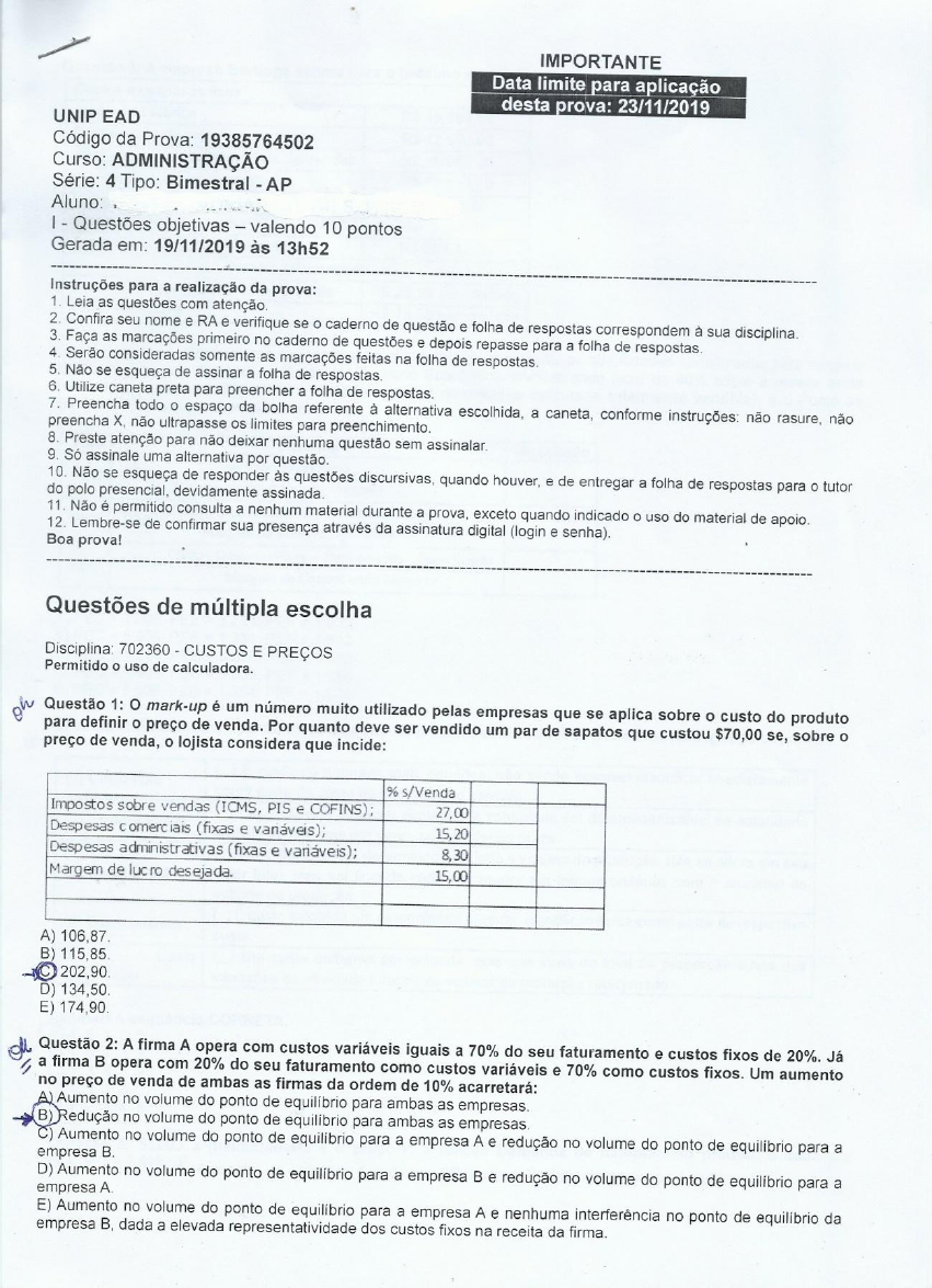 Prova Custos E Pre Os Unip Curso Administra O Sem Gabarito