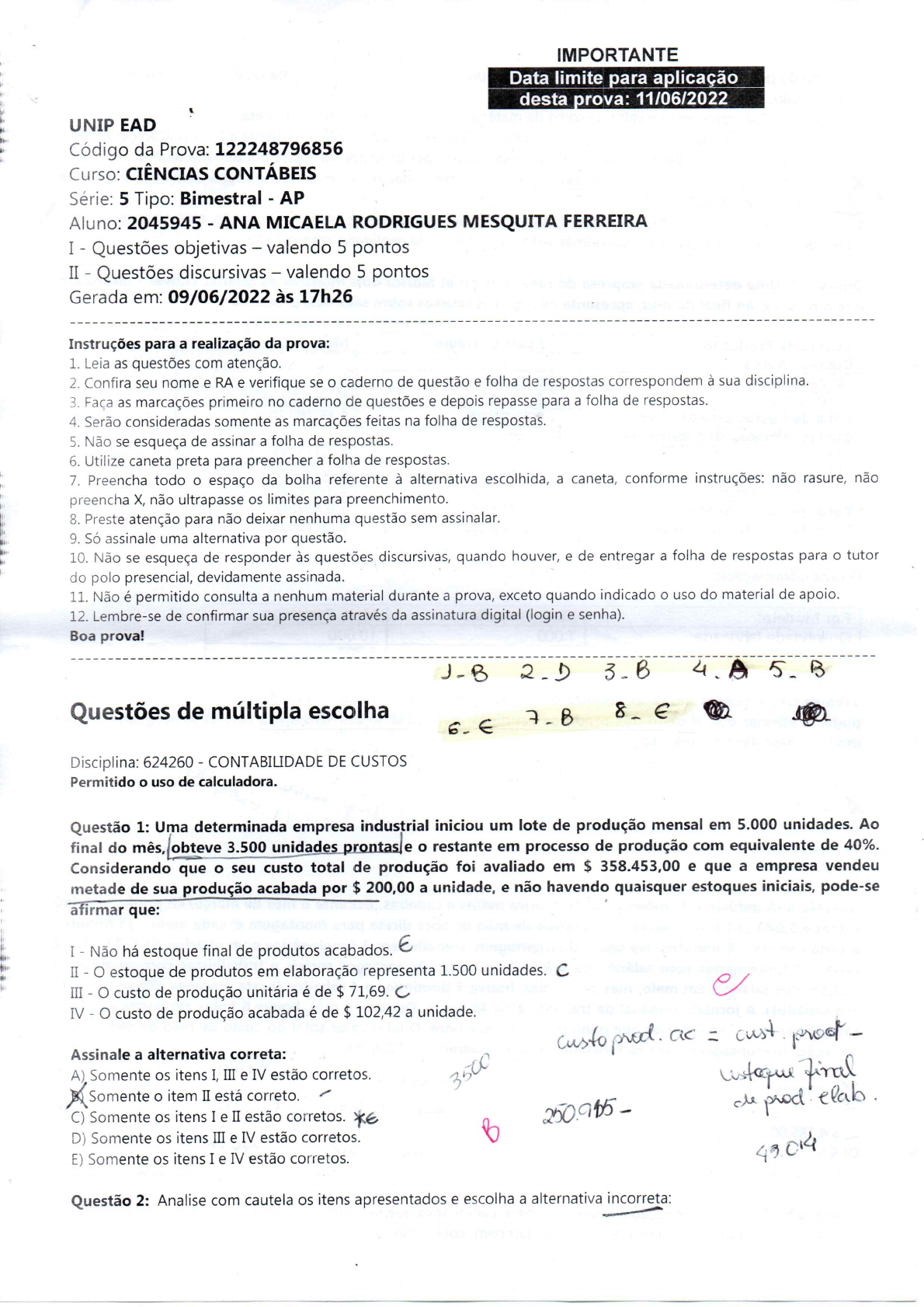 Contabilidade De Custos Prova Unip Contabilidade De Custos