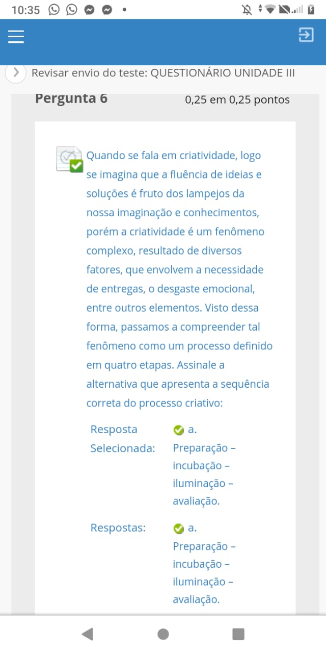 Questionário unidade III Unip Ead Empreendedorismo Criatividade e