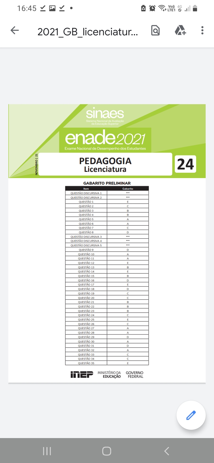 Gabarito Enade Pedagogia Pedagogia