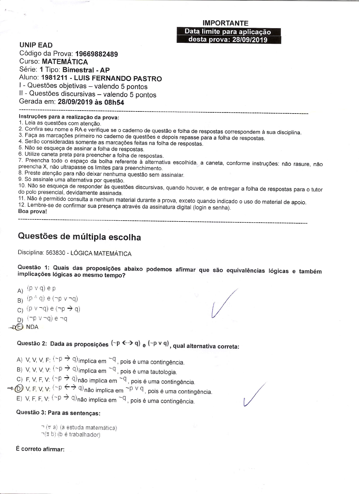 Prova De Matematica Unip 2018 BRAINCP