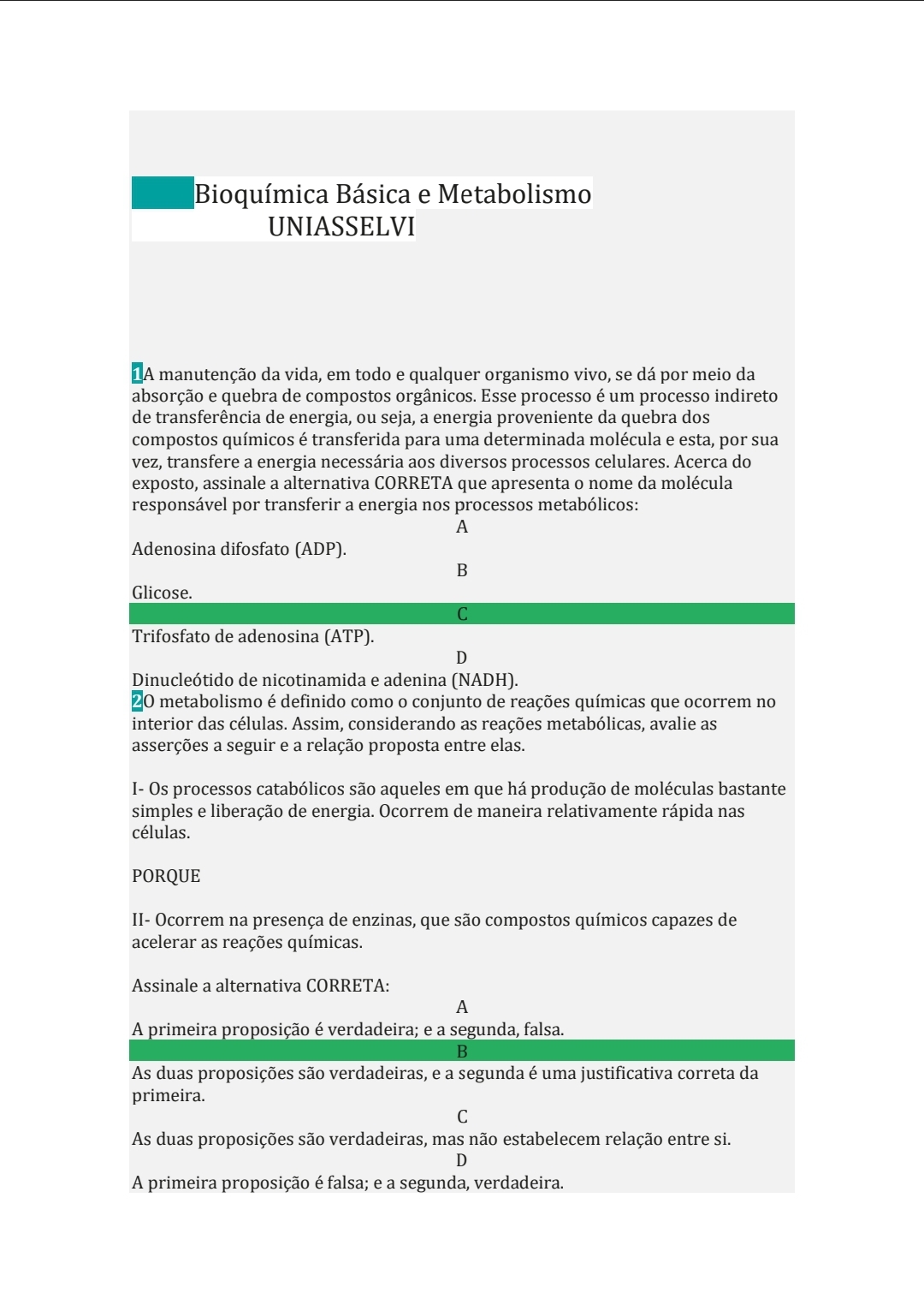 Prova Uniasselvi Elementos De Bioqu Mica E Bioqu Mica B Sica