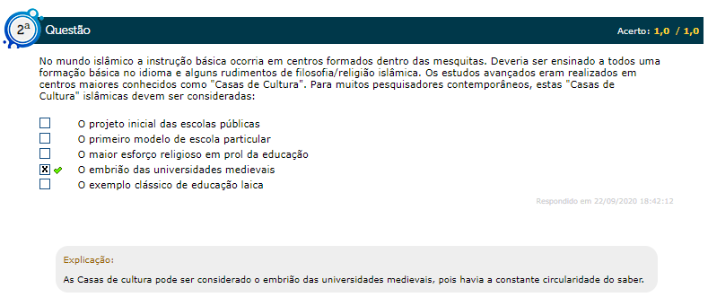 1º Ciclo do Simulado AV GABARITO 2020 3 EAD Historia da Educação