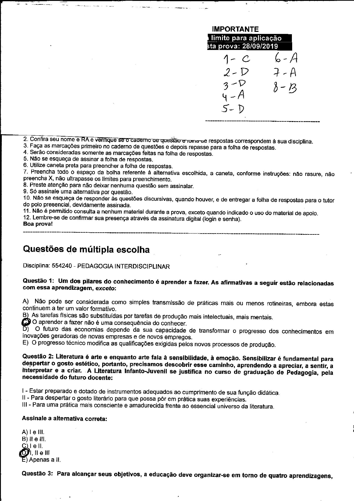 Provas De Pedagogia Gabarito Braincp