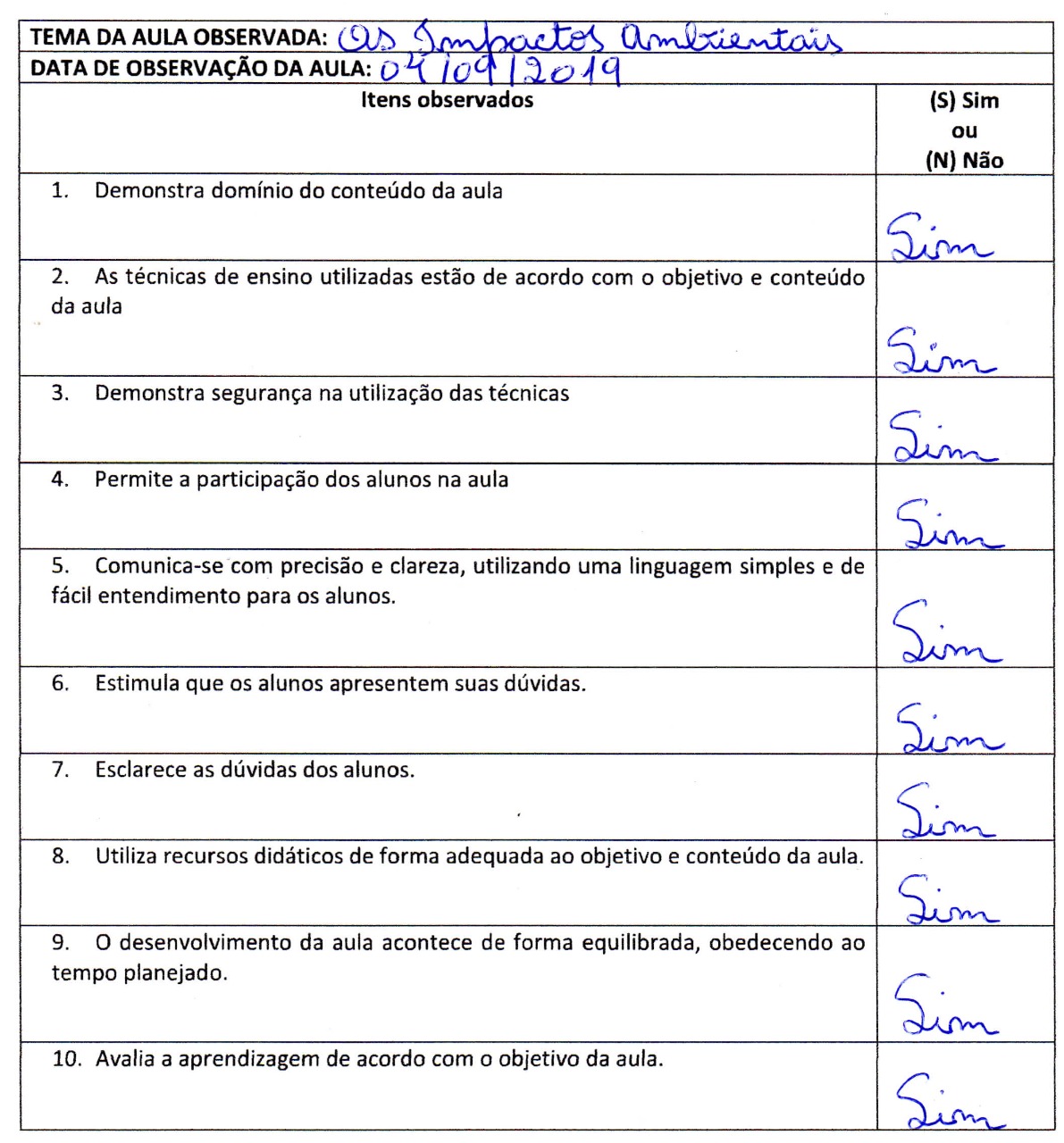 Registro de Observação de Aula Estágio Supervisionado em 1 a 4