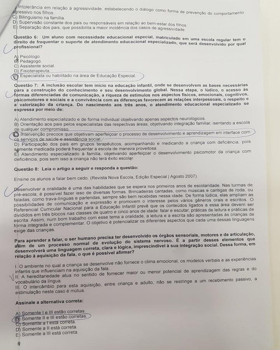 PROVA GABARITO EDUCAÇÃO INCLUSIVA Educação Inclusiva