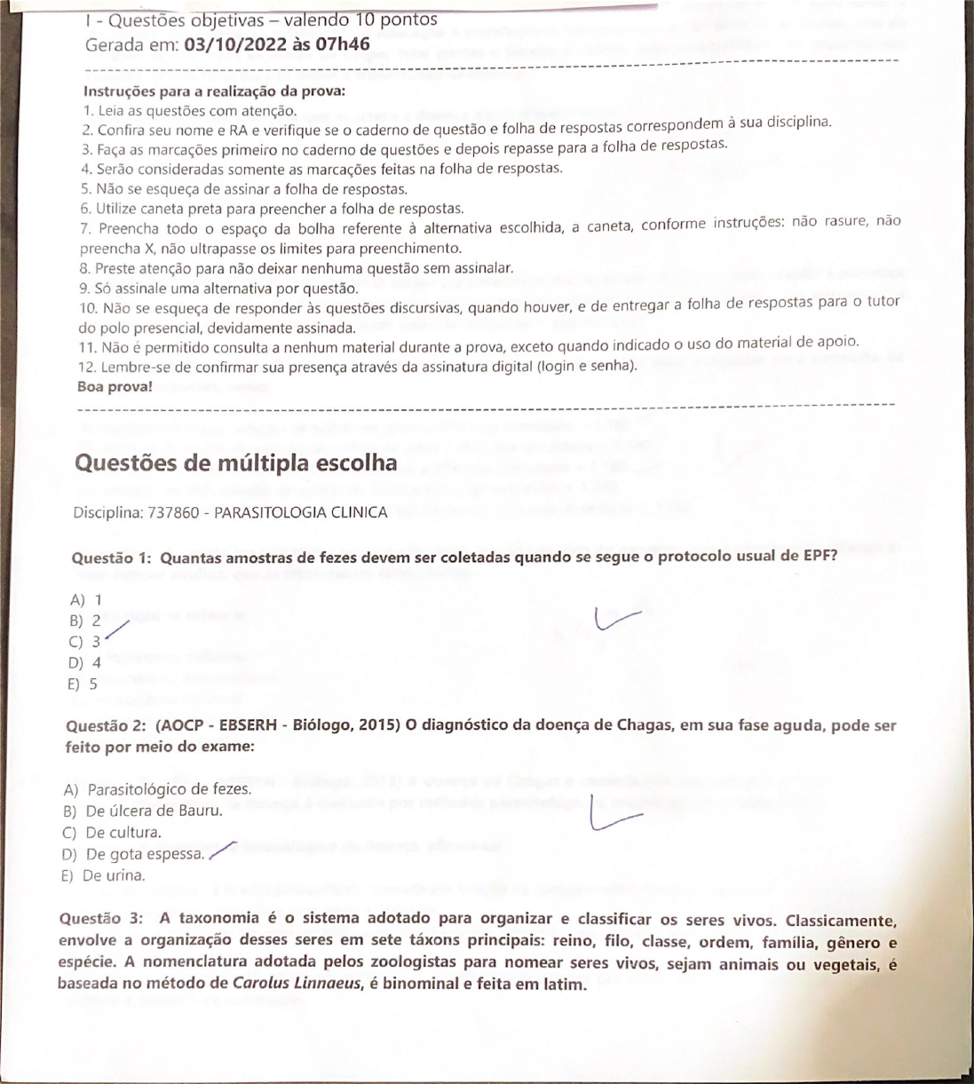 PROVA PARASITOLOGIA CLÍNICA Parasitologia Clínica