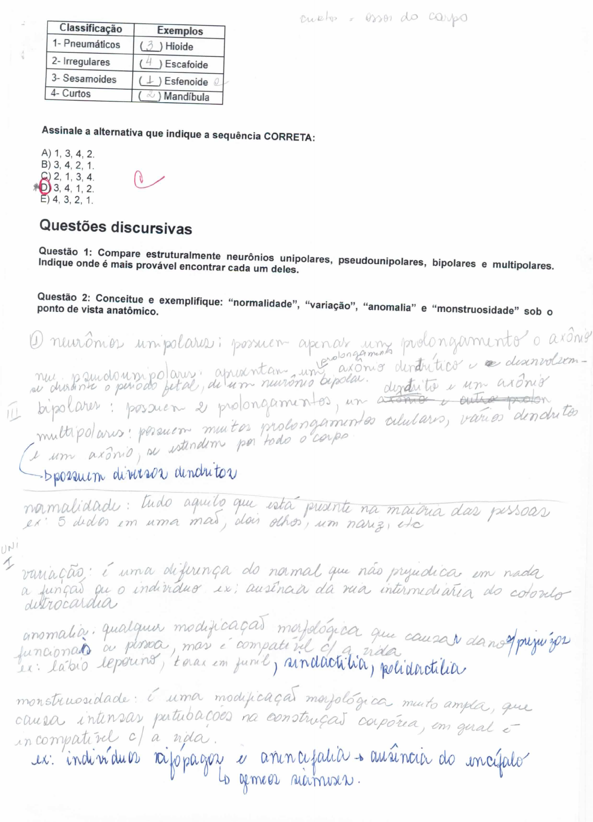 Prova De Anatomia Corrigida Anatomia I