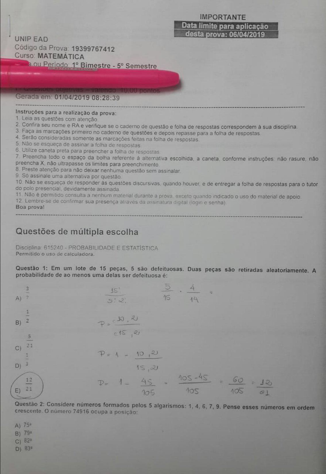 Prova Probabilidade E Estat Tica Unip Matem Tica