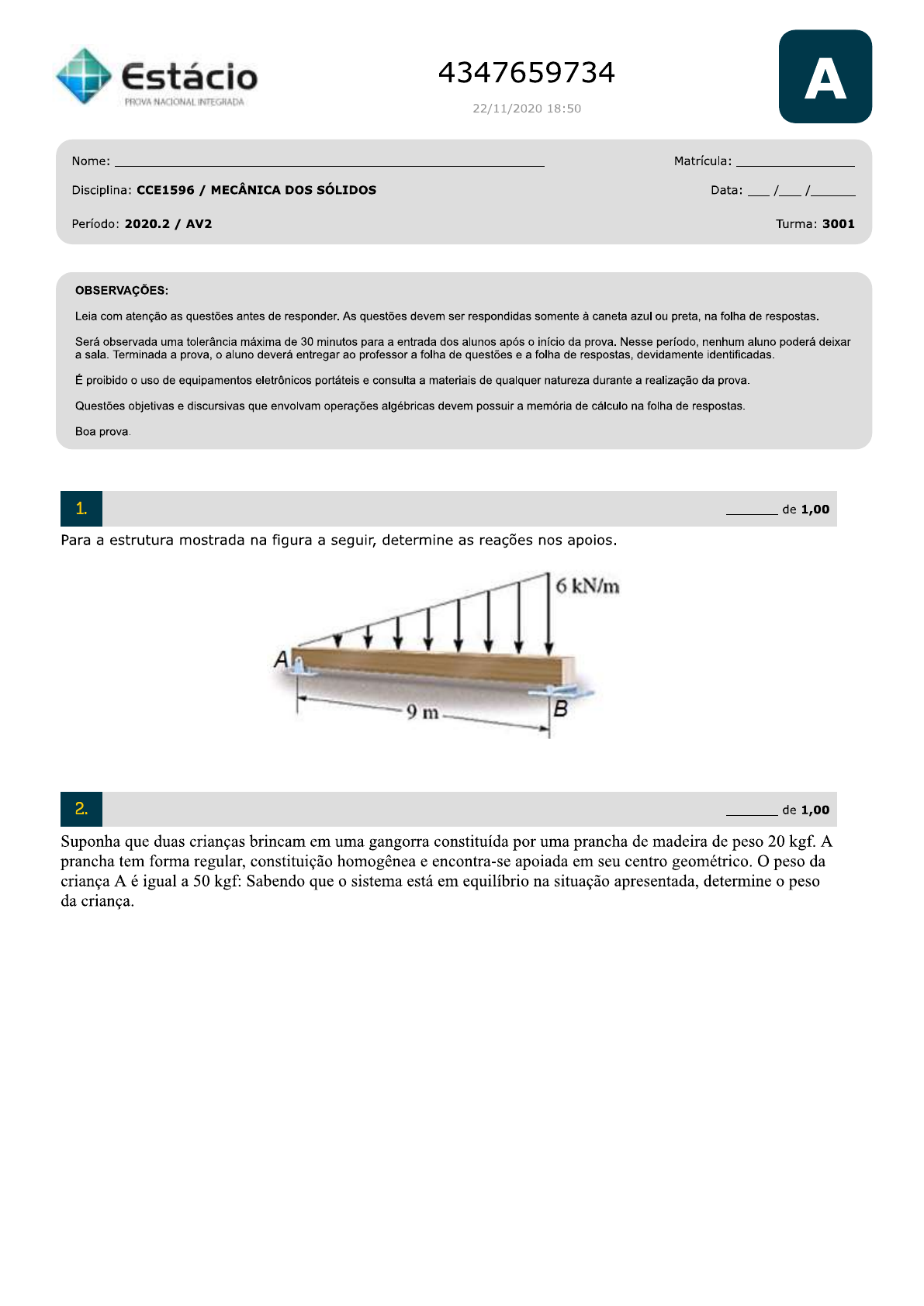 AV2 2020 2 3001 MECÂNICA DOS SÓLIDOS Dinâmica