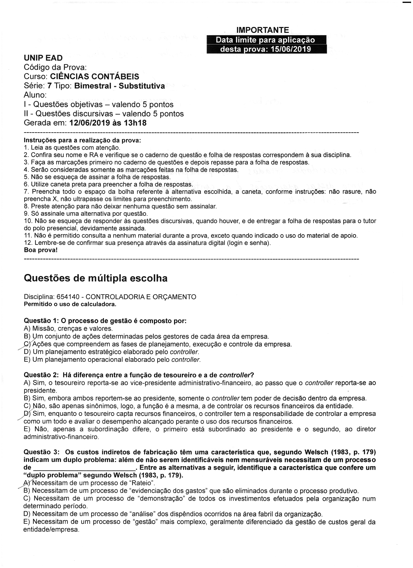 Prova De Controladoria E Or Amento Unip Corrigida Controladoria