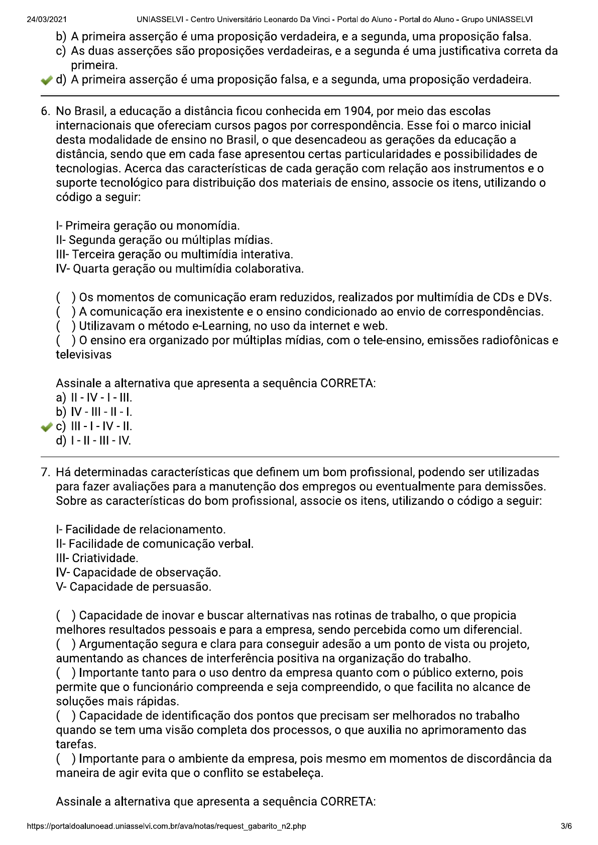 Prova Perspectivas Profissionais Uniasselvi ENSINO