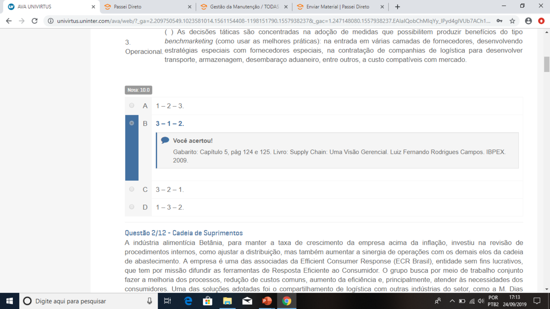 Prova objetiva Cadeia de Suprimentos Gestão da Cadeia de Suprimentos