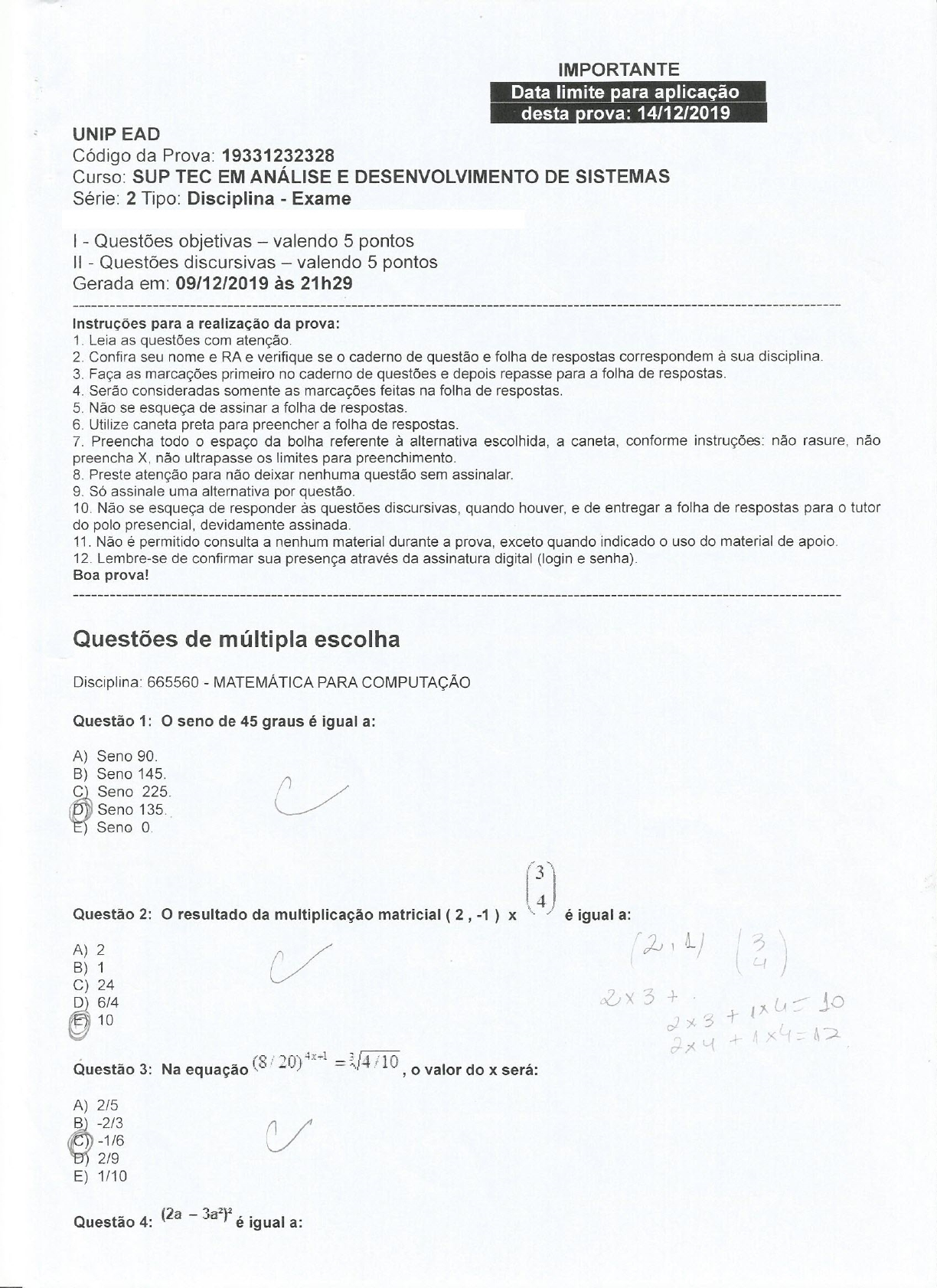 Prova Unip Matematica Computacao Matem Tica Para Computa O