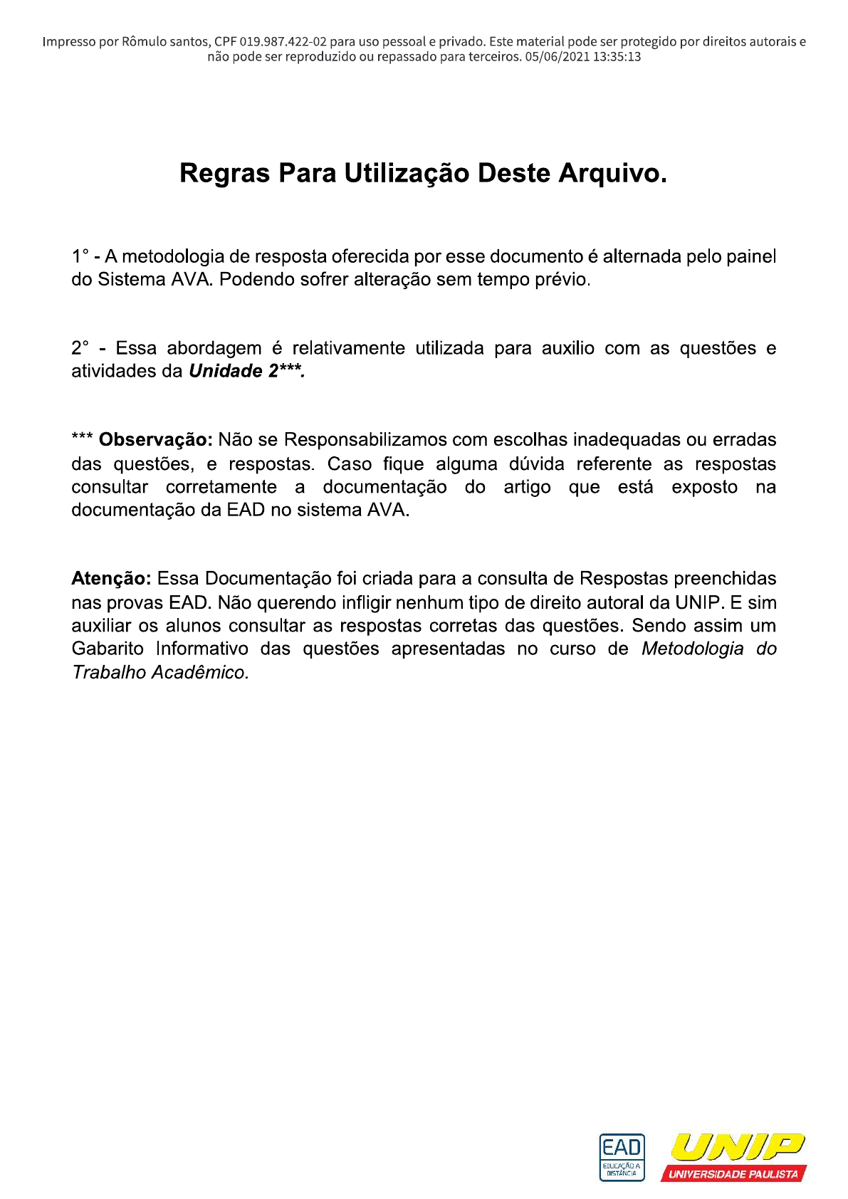 METODOLOGIA DO TRABALHO ACADÊMICO QUESTIONÁRIO 3 Metodologia