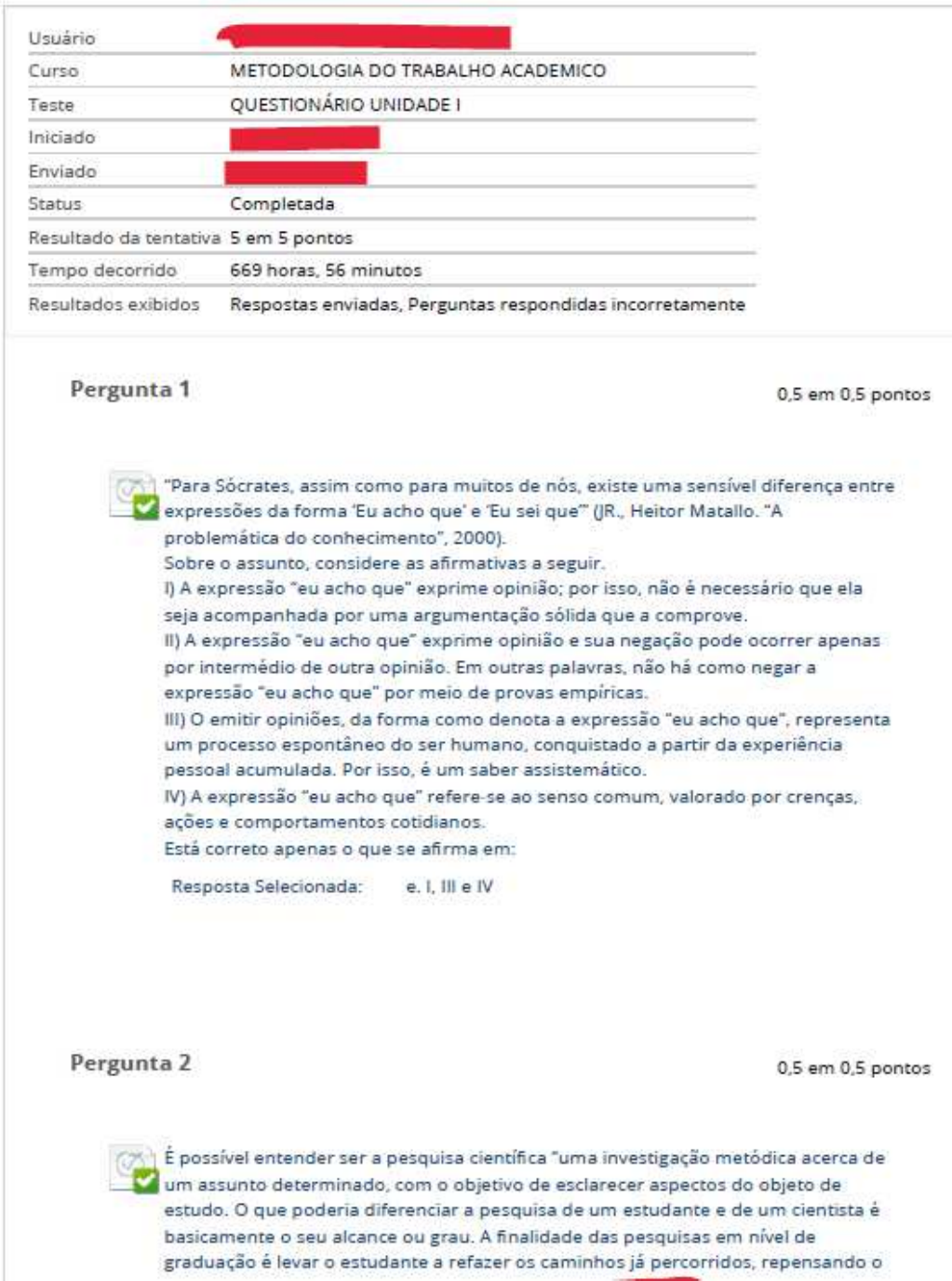 METODOLOGIA DO TRABALHO ACADEMICO QUESTIONÁRIO UNIDADE I D194