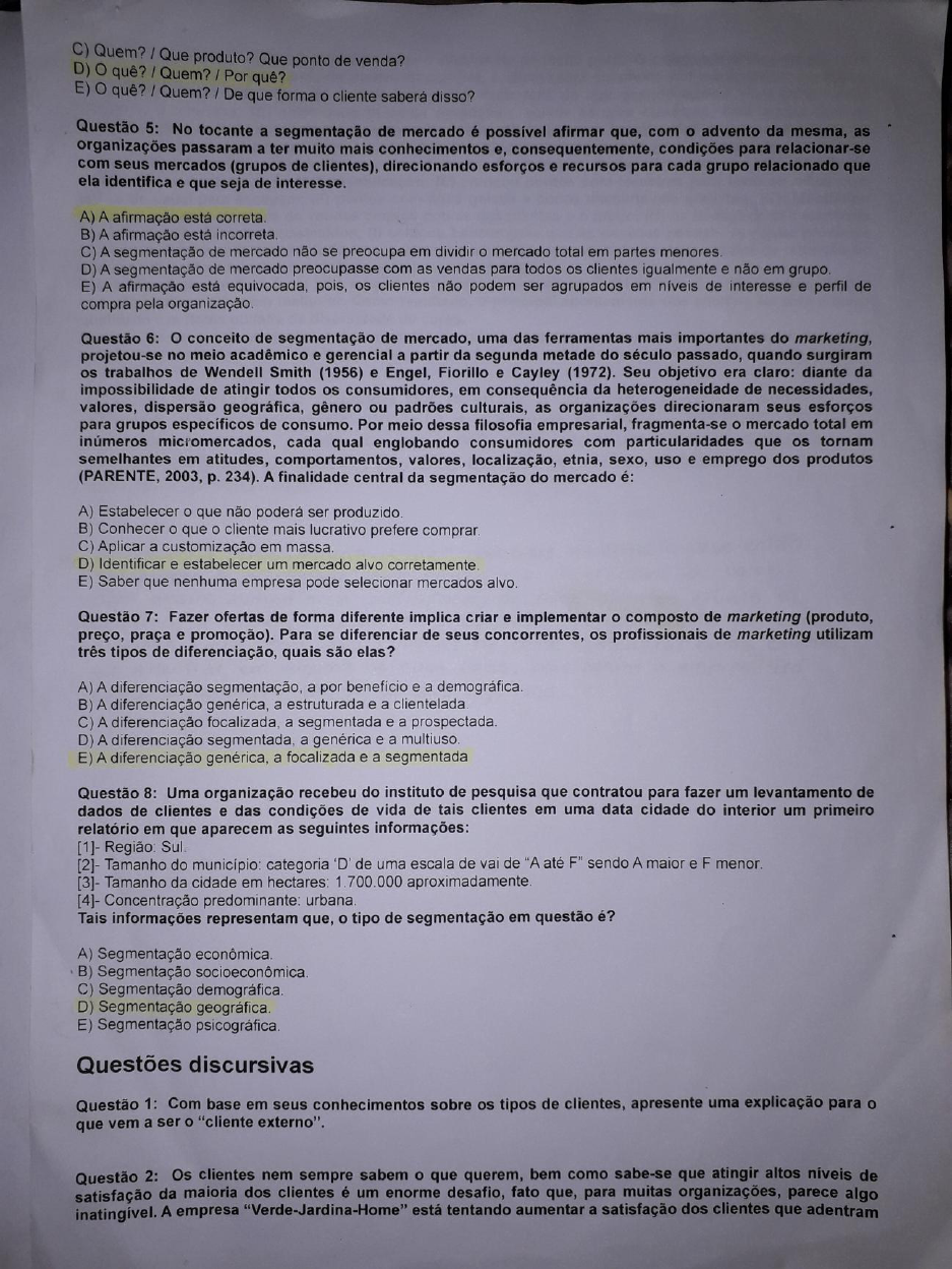 Prova Administração do Relacionamento o Cliente Unip