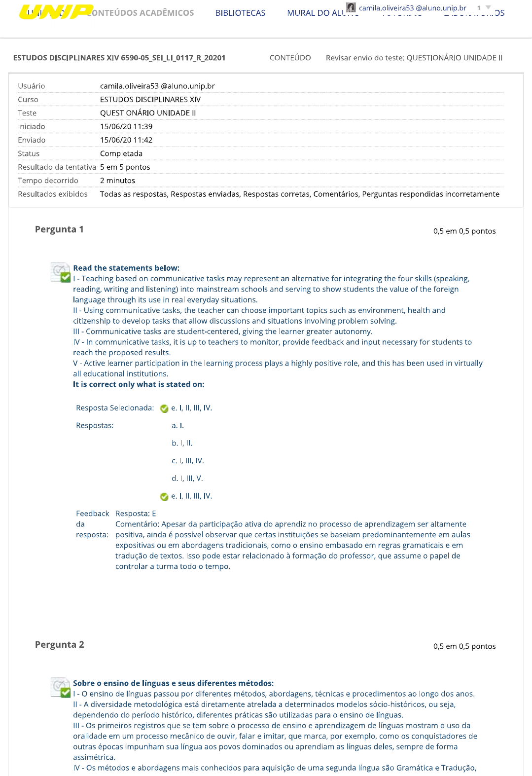 Questionário Unidade II ED XIV LETRAS 2020 1 Estudos