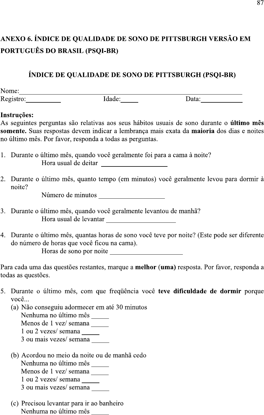 QUESTIONÁRIO ÍNDICE DE QUALIDADE DO SONO PITTISBURGH Psicologia