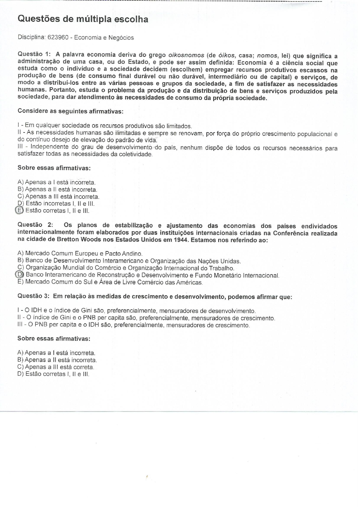 Prova economia e negocio Unip Contabilidade Ciências Contábeis