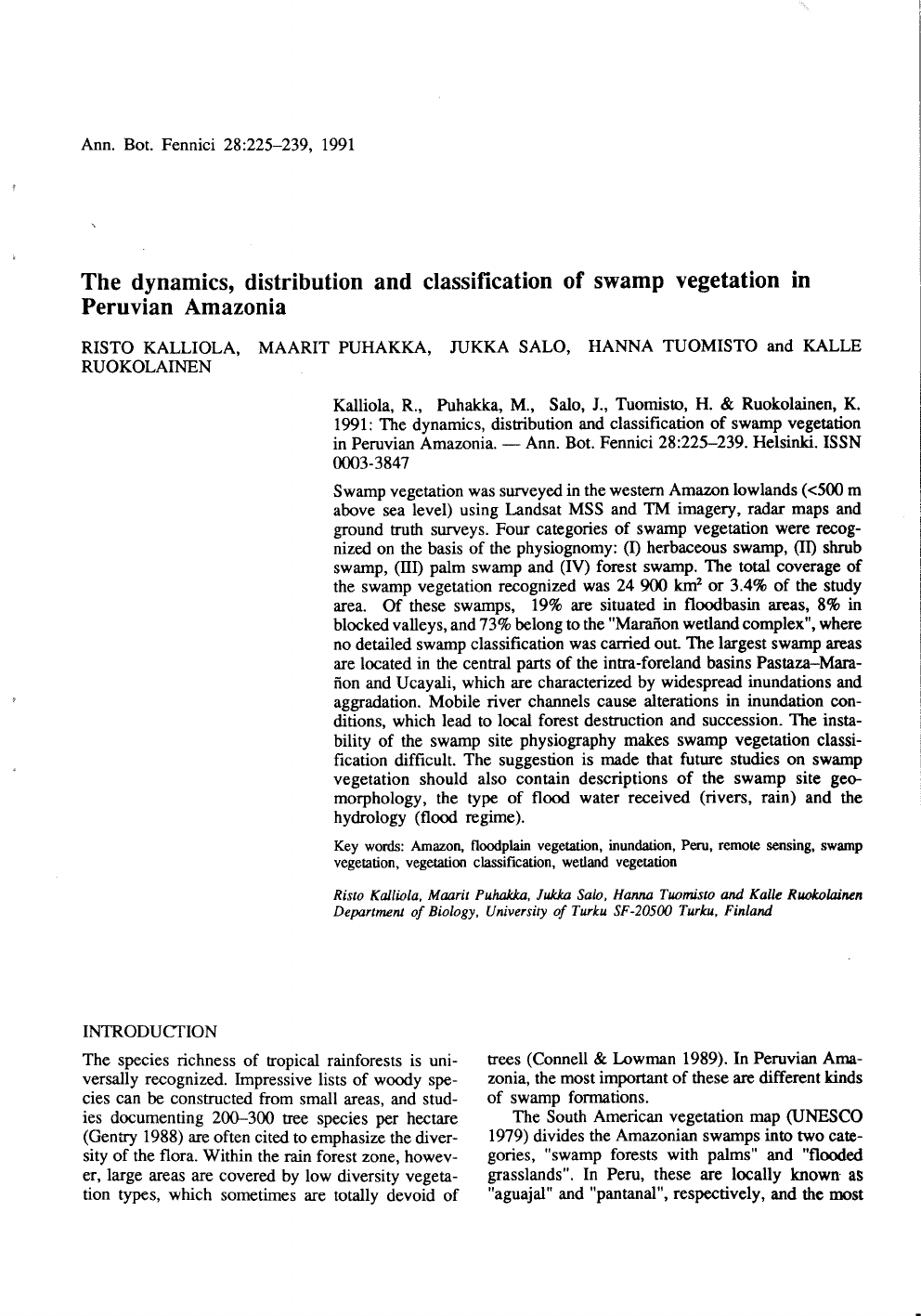 Kalliola Et Al 1991 Classification Of Swamp Vegetation Ecologia