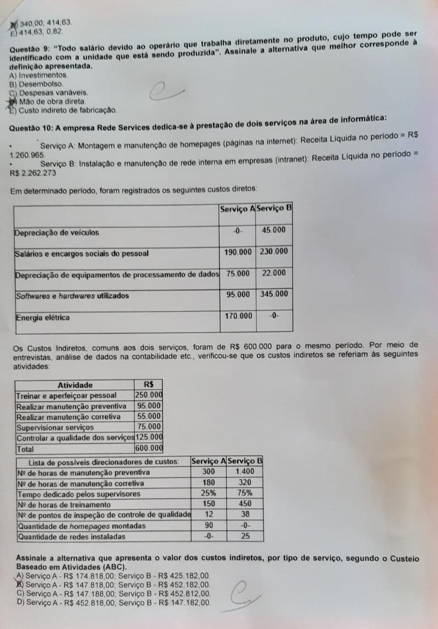 prova custos e preços Custos e Preços