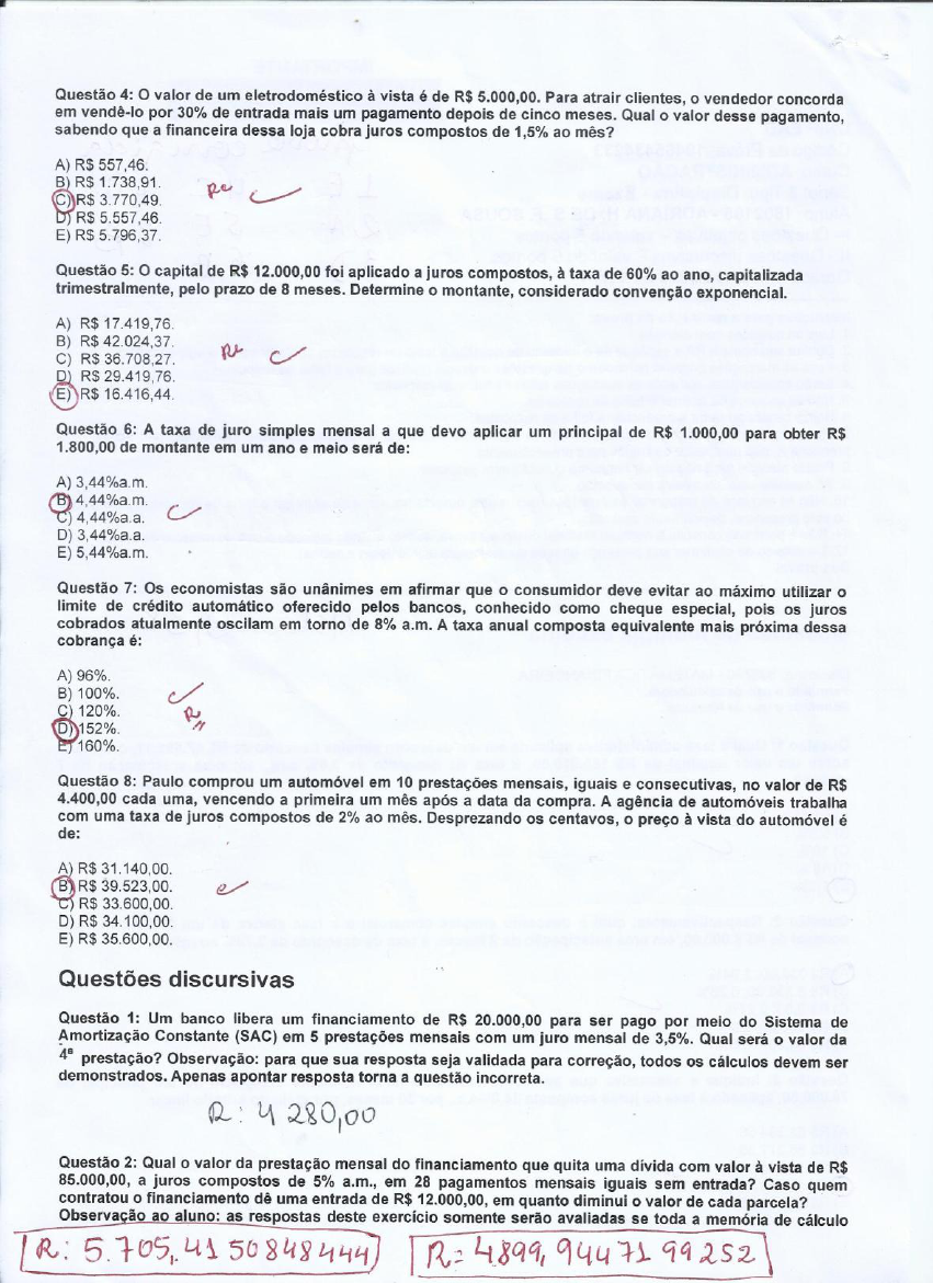 Prova Matematica Financeira Unip