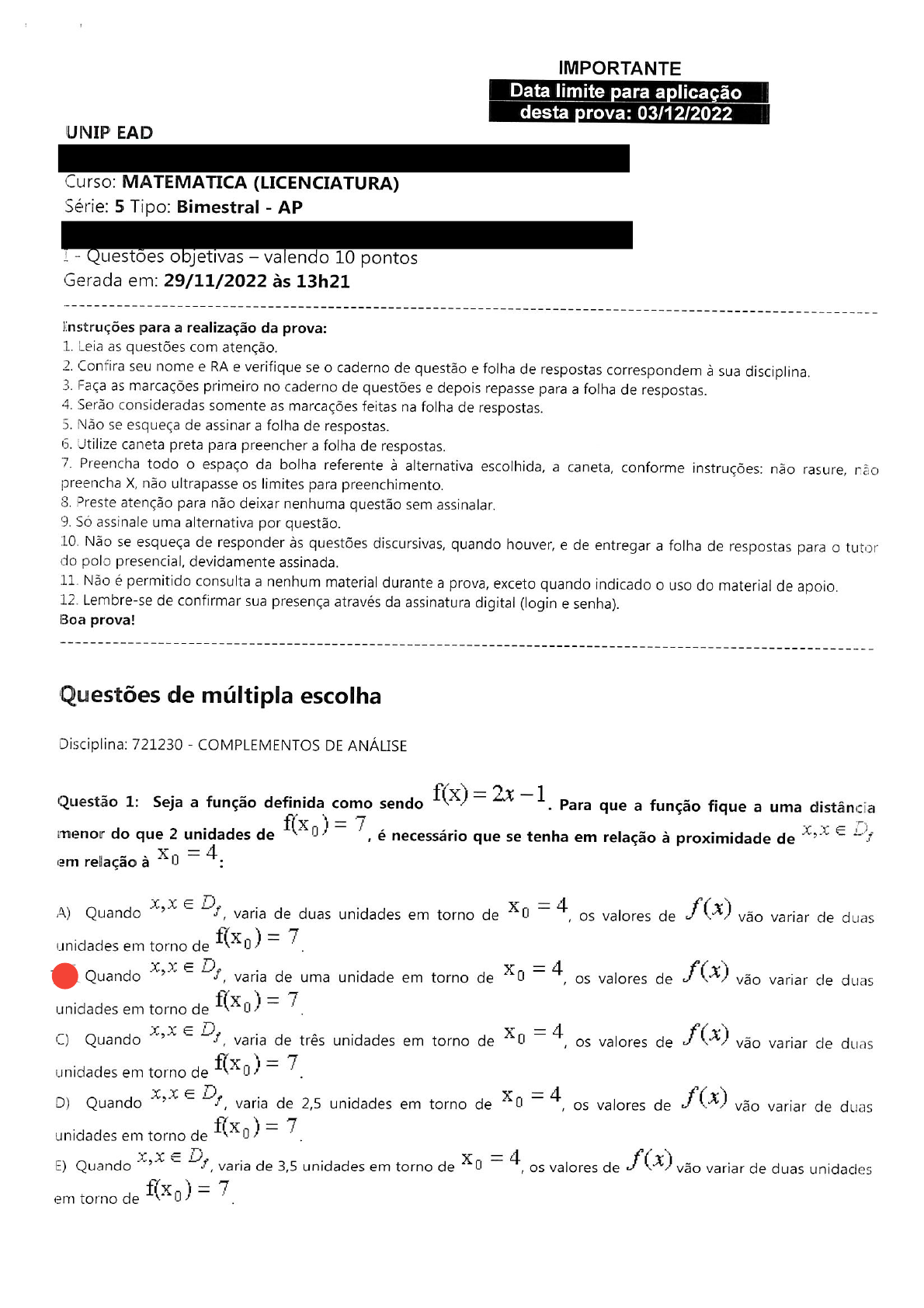 PROVA UNIP COMPLEMENTOS DE ANALISE Análise Matemática