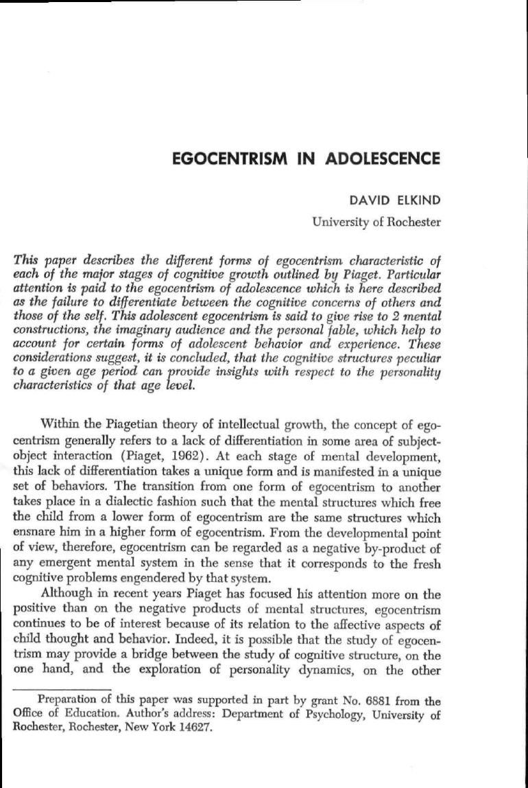 Elkind D 1967 Adolec ncia e egocentrismo Psicologia