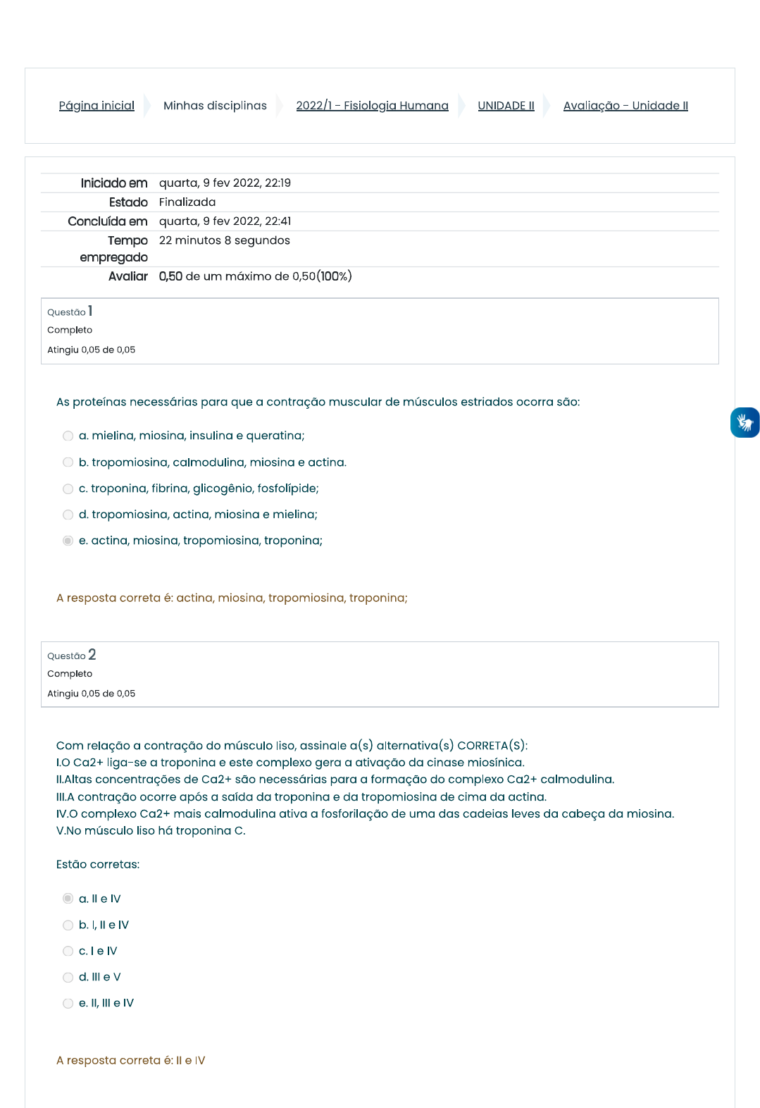 Avaliação - Unidade II- Fisiologia Humana - Fisiologia Humana II