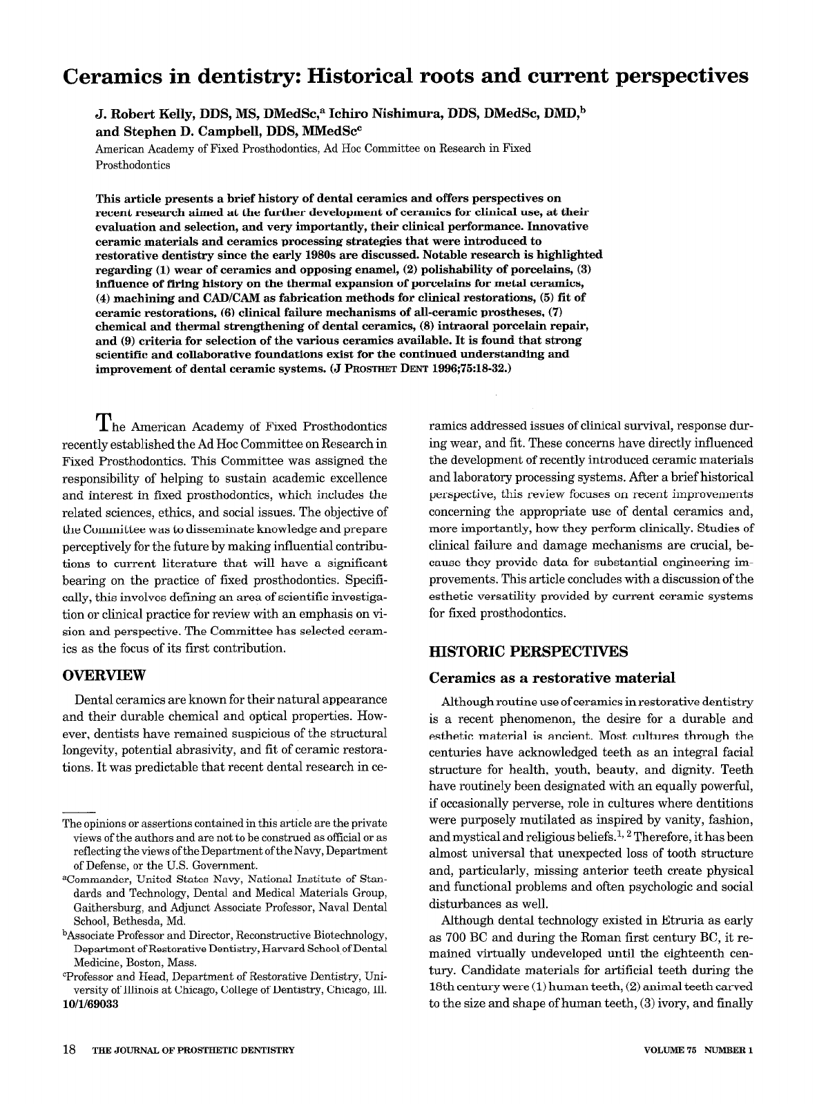 Ceramics in dentistry Historical roots and current perspectives