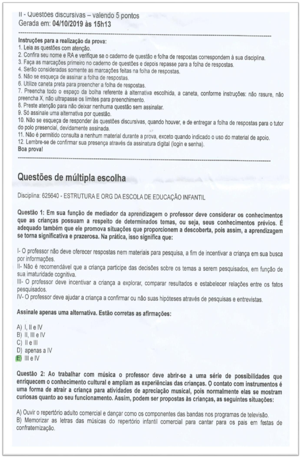 Prova Estrutura E Organização Da Escola De Educação Infantil ...