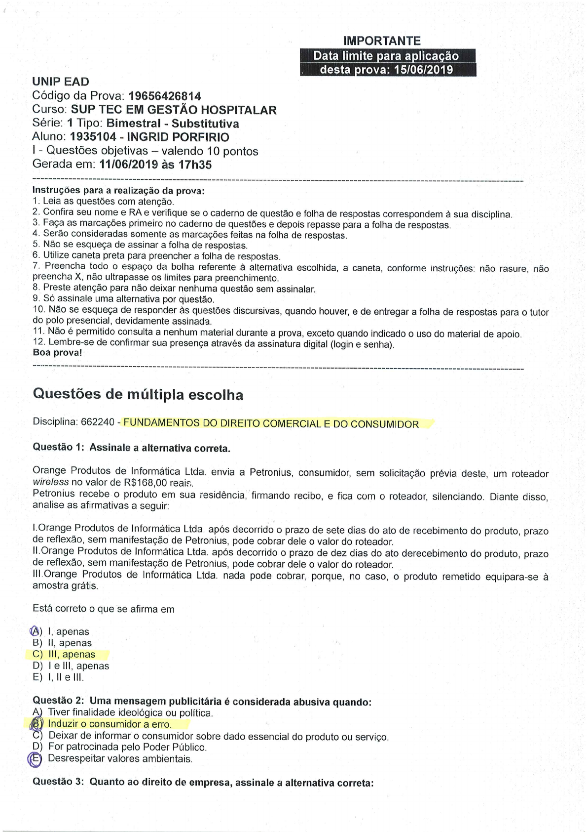 Direito Empresarial I (comercial). Caderno De Questoes