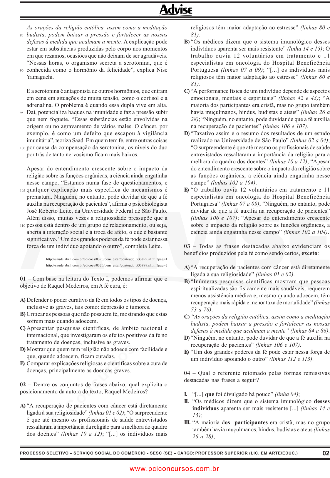 Prova SESCSE - ADVISE - 2010 - para Artífice de Manutenção - Pedreiro.pdf -  Provas de Concursos Públicos