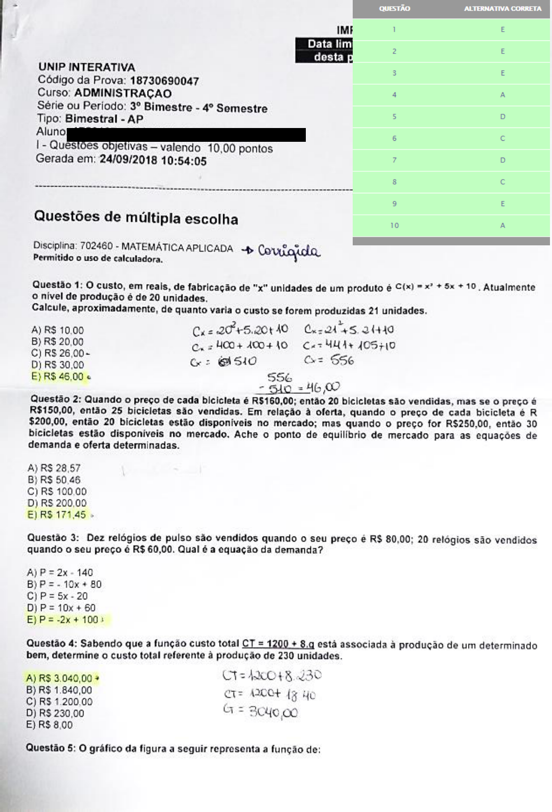 PROVA UNIP MATEMÁTICA APLICADA (CORRIGIDA) - Matemática Aplicada