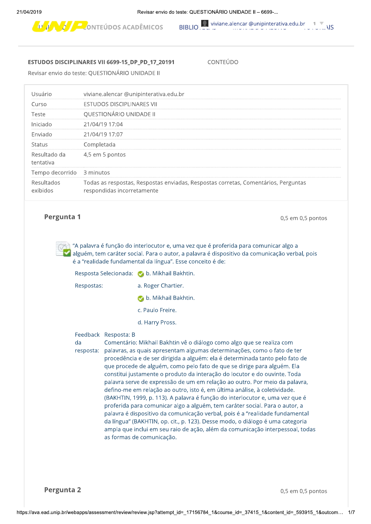 Questionario Ii Estudo Disciplinares Vii Estudos Disciplinares Vii Unidade