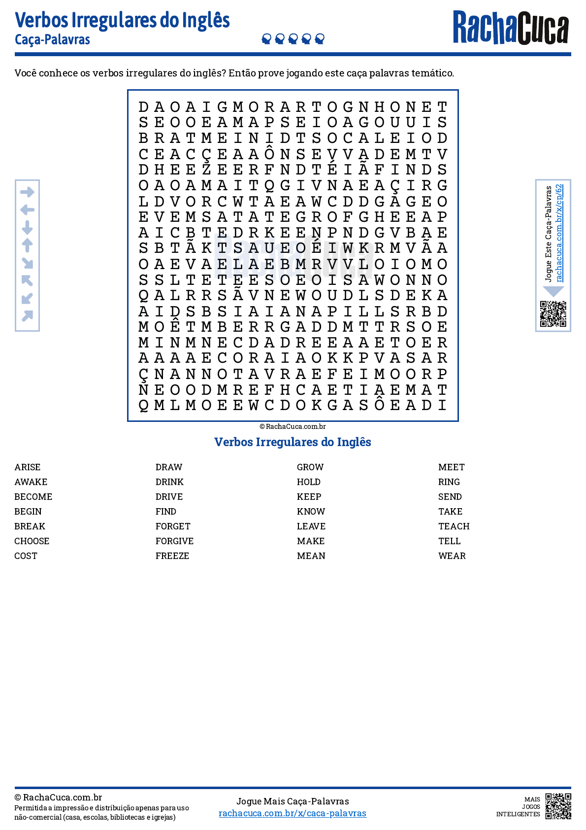 Racha Cuca - Encontre 20 verbos irregulares do inglês neste caça-palavras.   dificil/