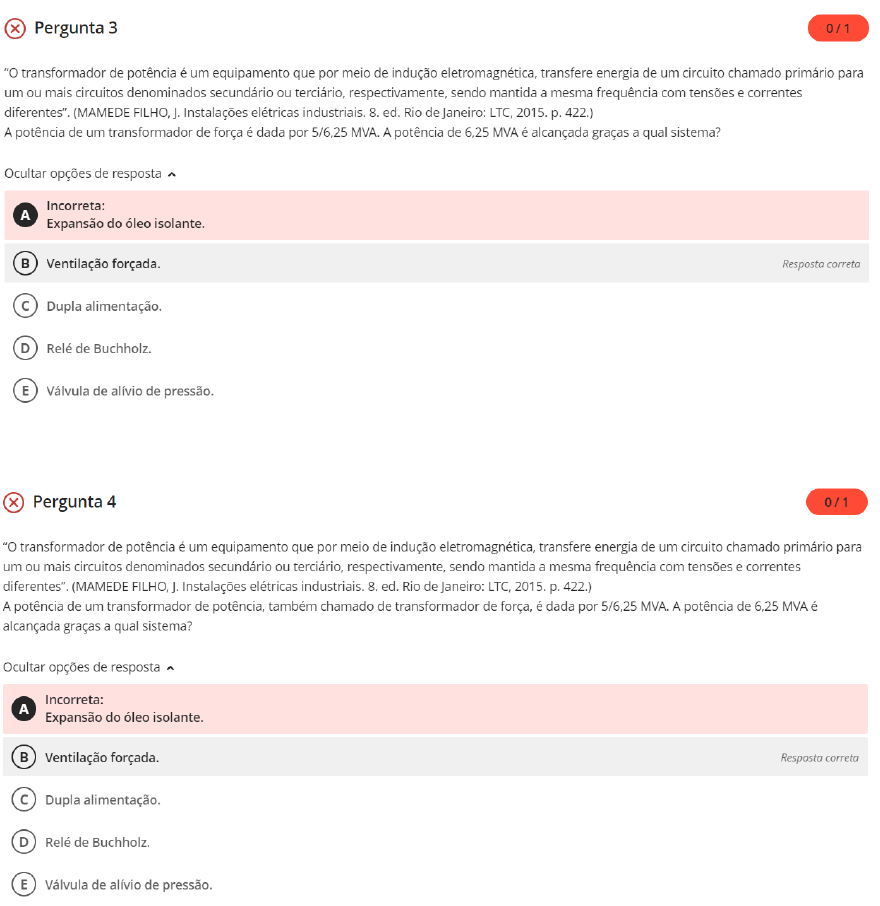 Avaliação On-Line 3 (AOL 3) - Questionário - Equipamentos Elétricos